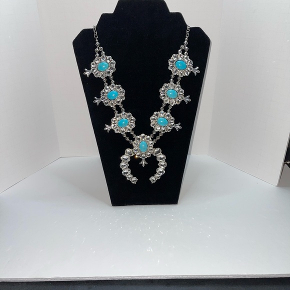 Jewelry - Silver tone squash blossom necklace with rhinestones & faux turquoise